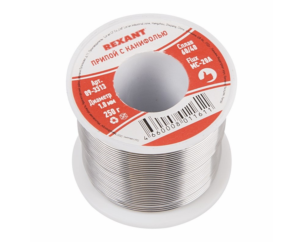 Припой с канифолью, 250г, Ø1мм, (олово 60%, свинец 40%), катушка REXANT