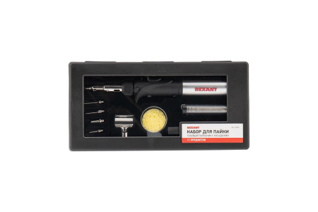 Паяльник-горелка с пьезоподжигом, газовый, 17мл, 6 насадок + припой + губка, коробка REXANT